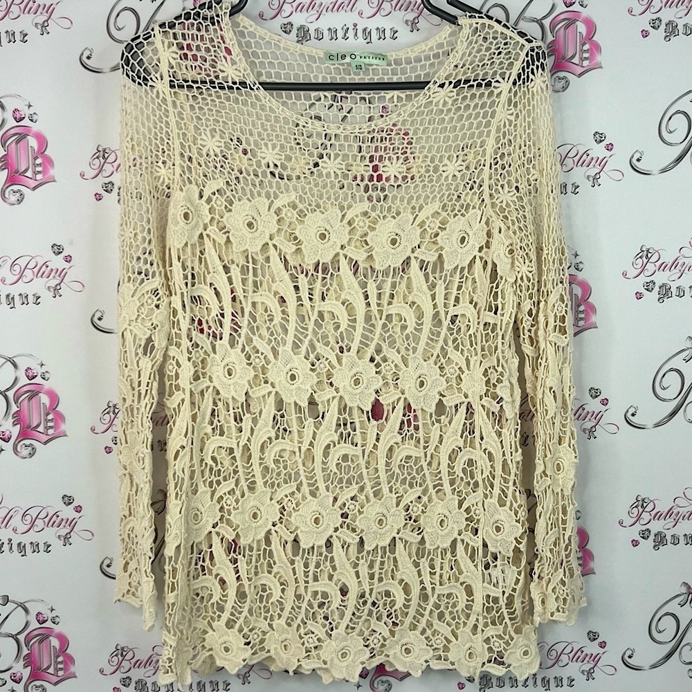 Cleo long sleeve knit flowers floral Cream Floral Crochet Blouse
